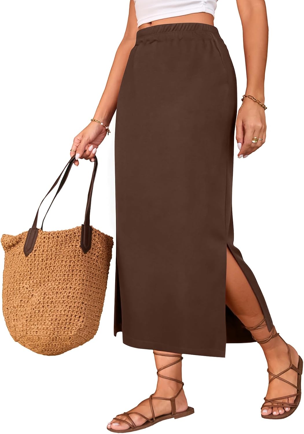 Poetsky Maxi Skirt for Women Summer Side Slit Pencil Skirts Elastic High Waisted Long Skirt