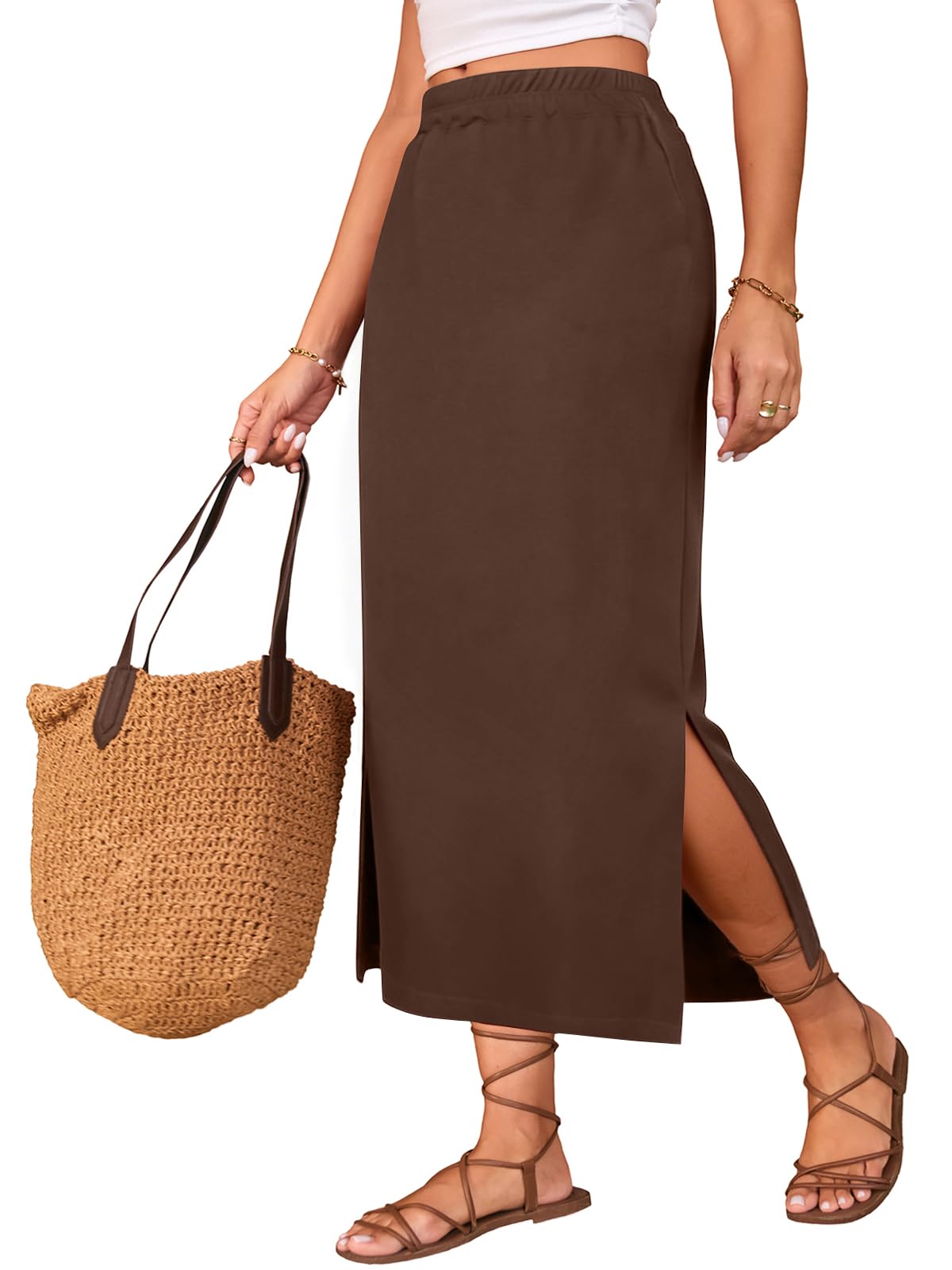 Poetsky Maxi Skirt for Women Summer Side Slit Pencil Skirts Elastic High Waisted Long Skirt