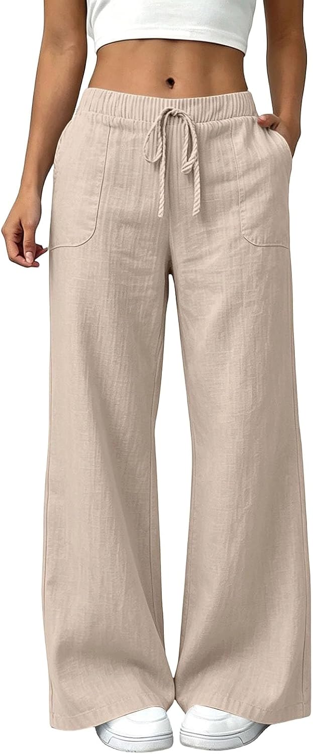 Linen Wide Leg High Waisted Pants for Women Casual Straight Leg Pants