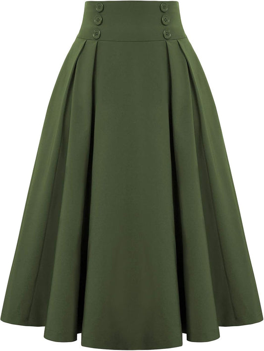 Belle Poque Women's Midi Pleated A-Line Skirts Pockets