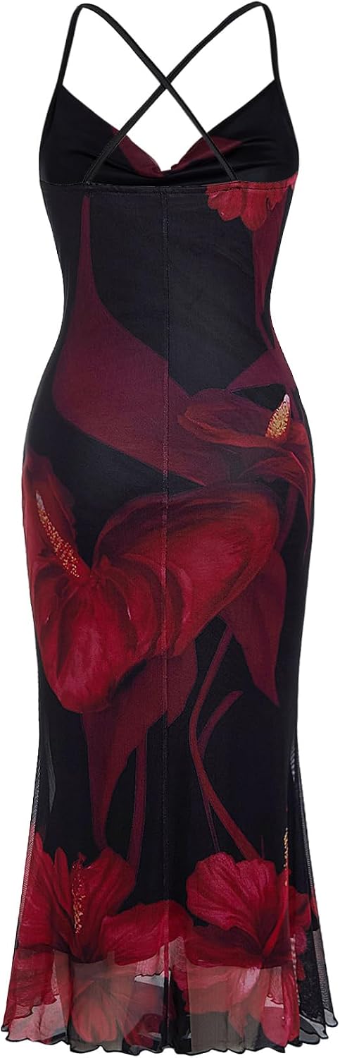 SOLY HUX Women's Floral Mesh Cami Dress Cocktail Wedding Guest Long Dresses