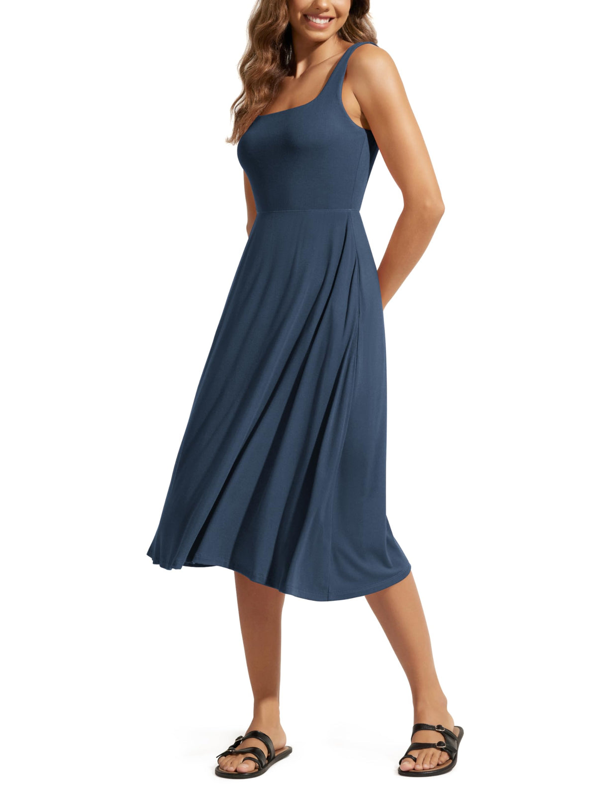 ODODOS Square Neck Midi Dress with Pockets for Women Summer Casual Sleeveless Sundress Flare Tank Dress