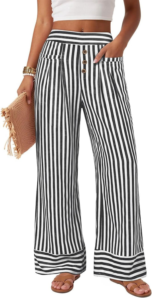 TARSE Womens Striped Palazzo Pants Wide Leg High Waisted Trousers Pockets