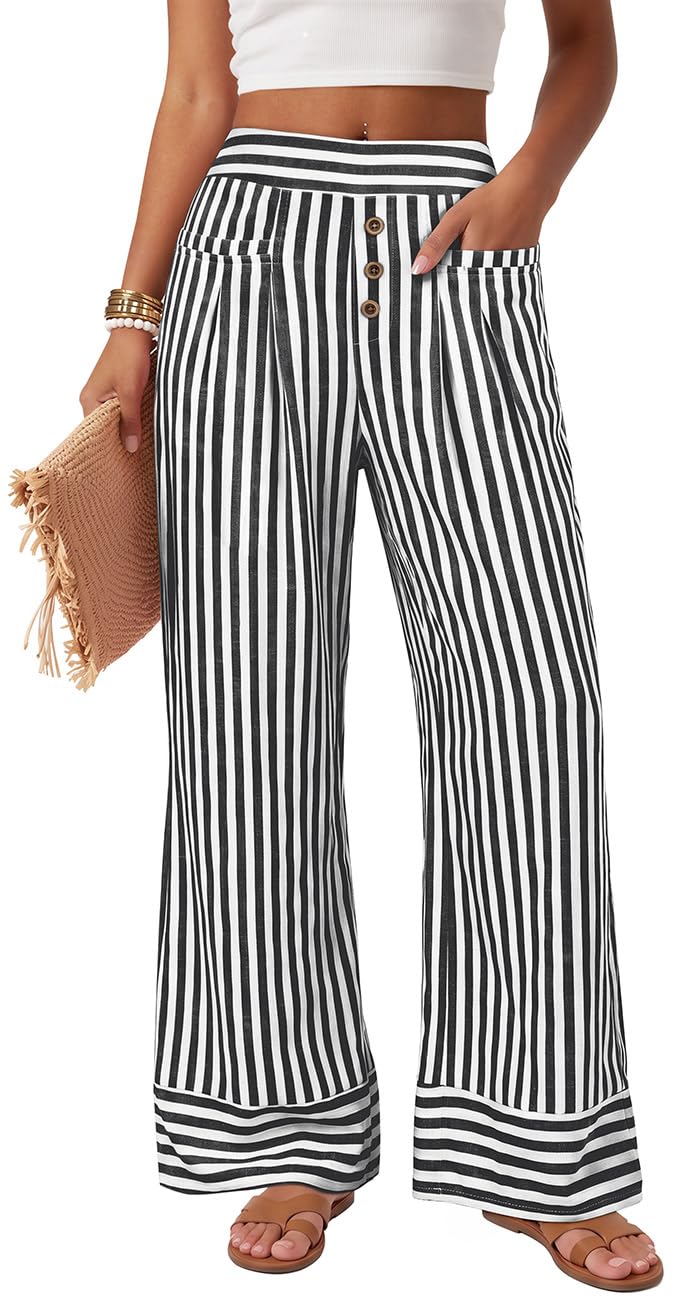 TARSE Womens Striped Palazzo Pants Wide Leg High Waisted Trousers Pockets