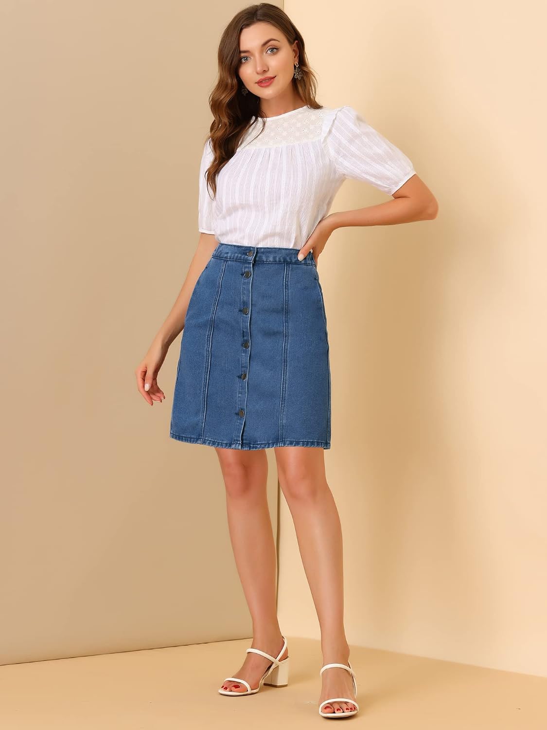 Allegra K Women's Denim Skirts Casual A-Line Short Button Down Jean Skirt