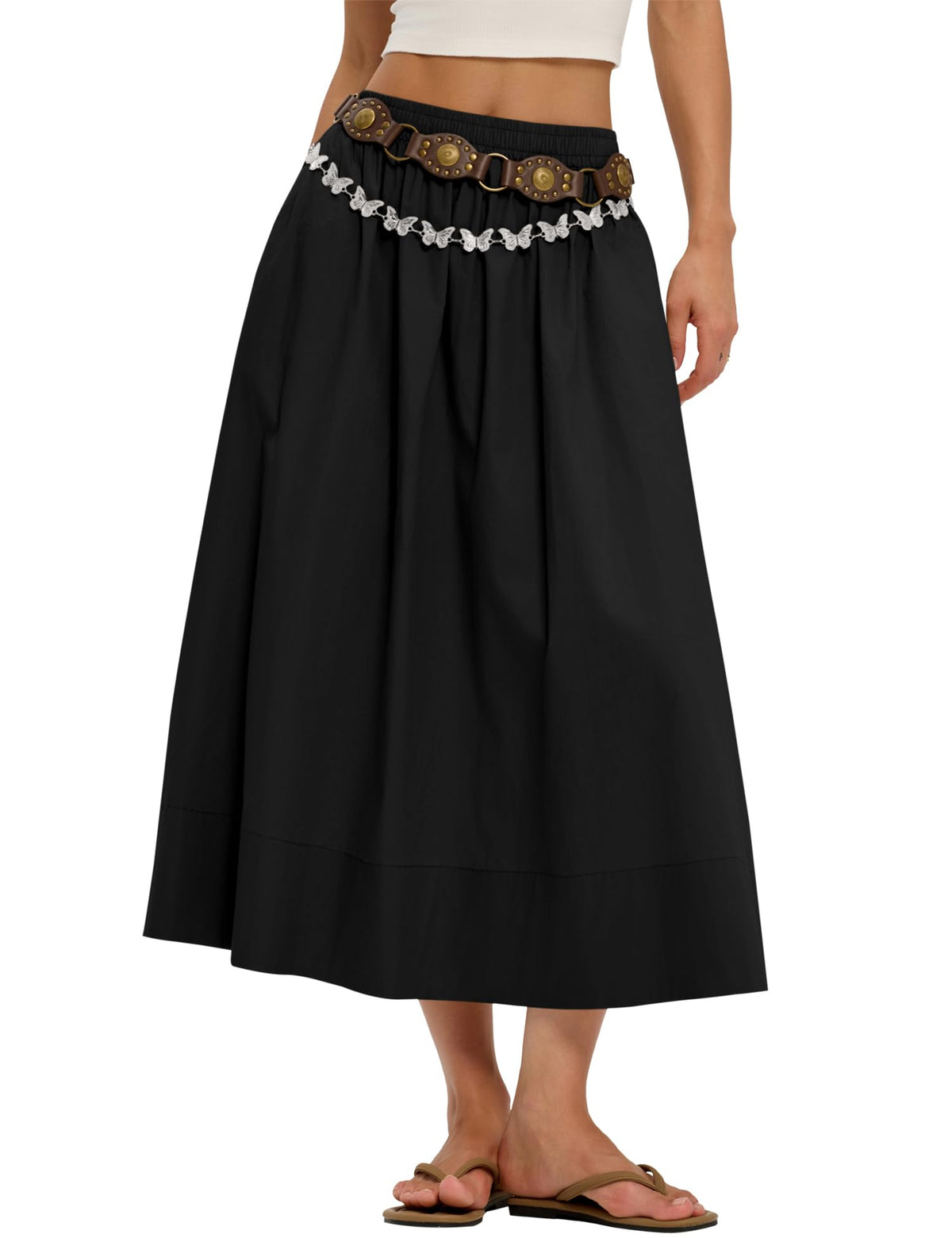 LOMON Midi Skirts for Women with Pockets A-Line Cotton Flowy Elastic Waist