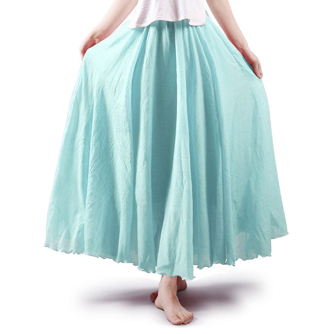 Women Bohemian Style Elastic Waist Band Cotton Linen Long Maxi Skirt Dress