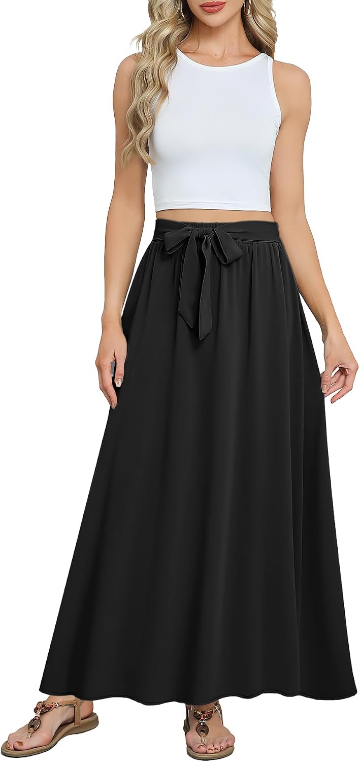 Askyes Womens Maxi Skirt Summer Trendy Tie Knot Elastic High Waisted Boho Casual Beach Flowy Swing Long Skirts with Pockets