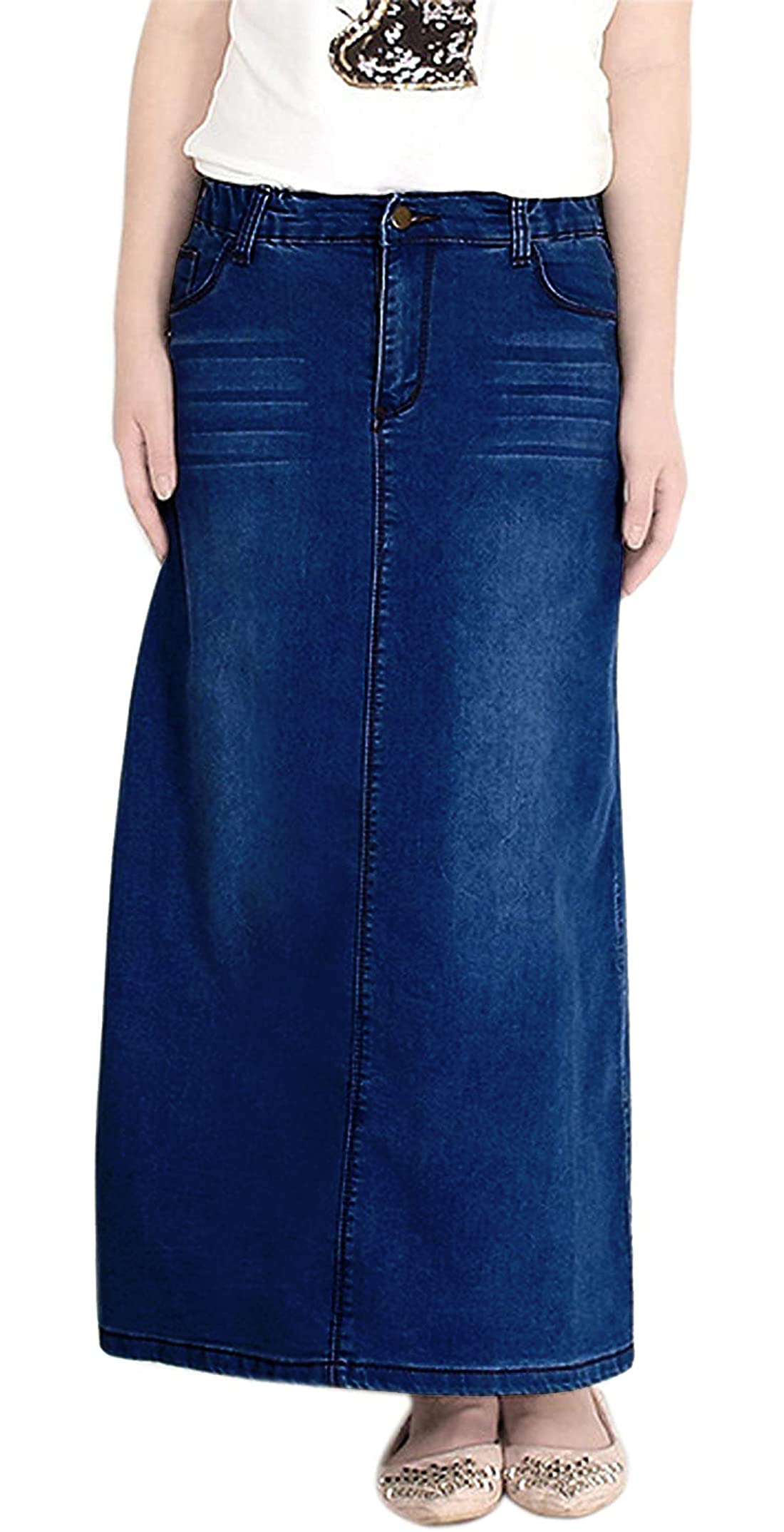chouyatou Women's Casual Stretch Waist Washed Denim A-line Maxi Skirt
