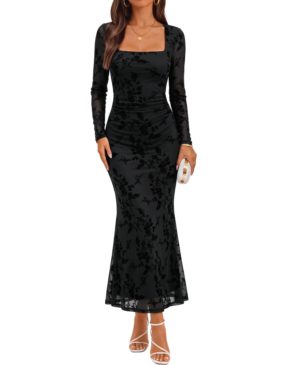 ZESICA Womens Fall Long Sleeve Bodycon Mesh Wedding Guest Formal Dress