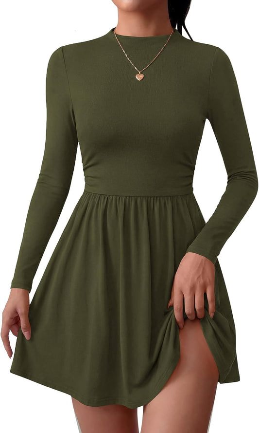 BTFBM Long Sleeve Dresses for Women Mock Neck A Line Flowy Mini Dress