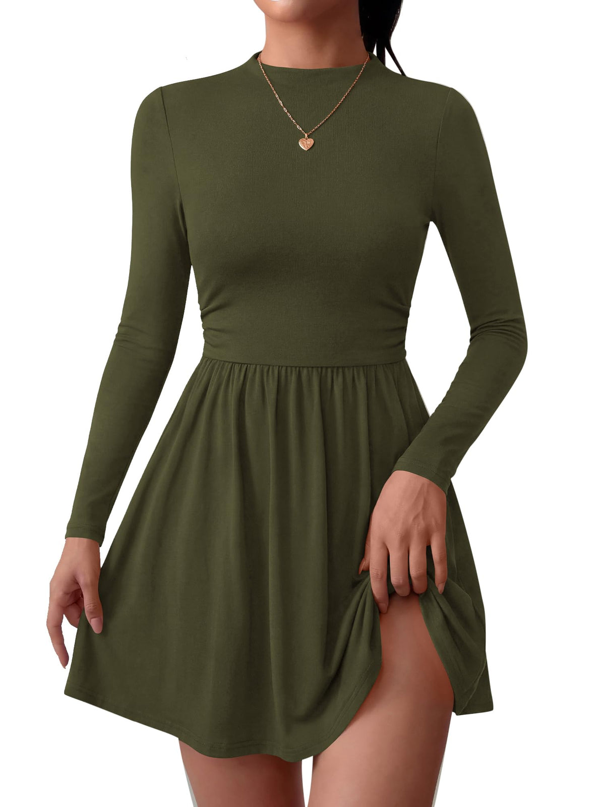 BTFBM Long Sleeve Dresses for Women Mock Neck A Line Flowy Mini Dress