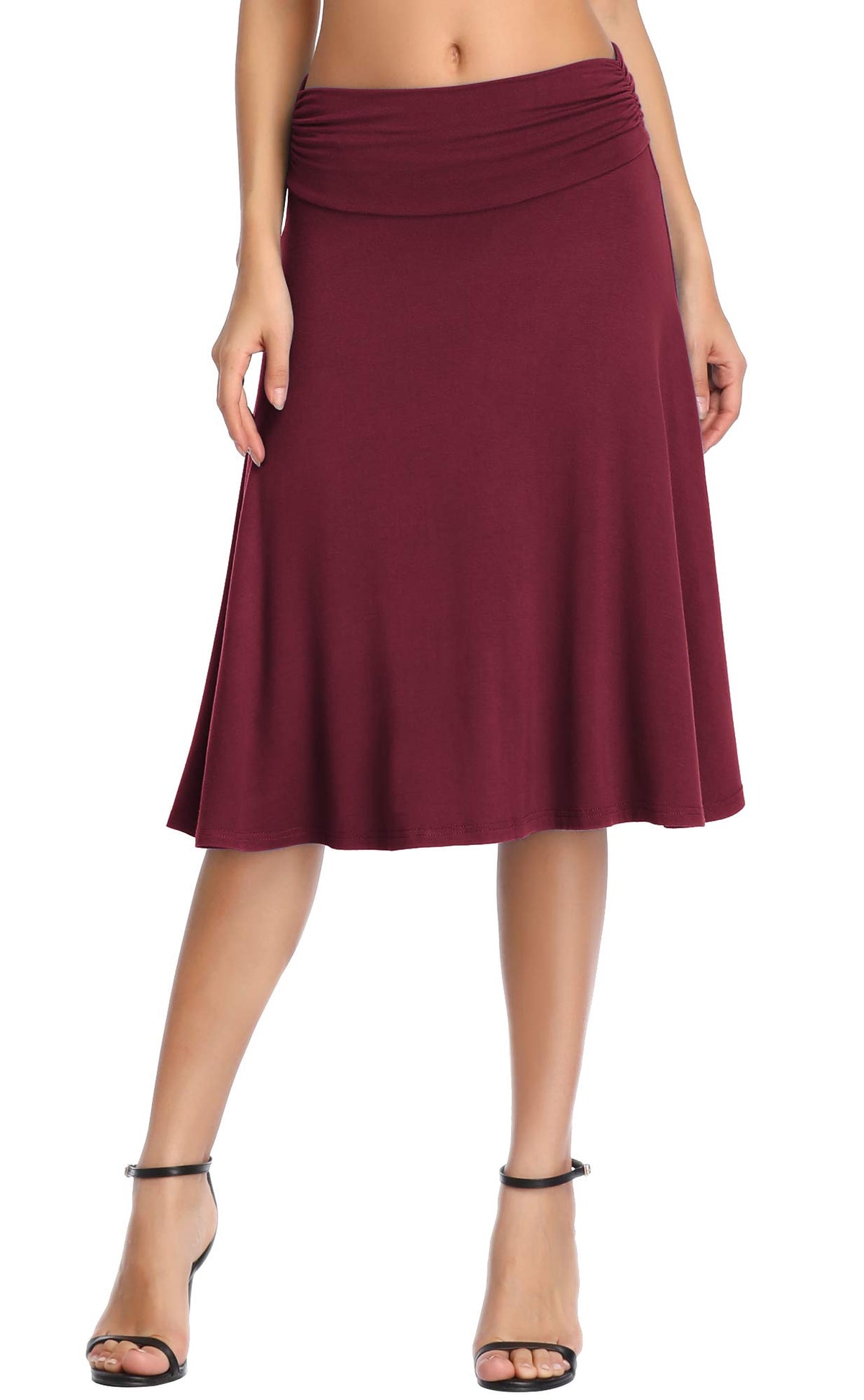 Urban CoCo Women's Ruched High Waist Knee Length Jersey A-Line Stretchy Flared Casual Skirt