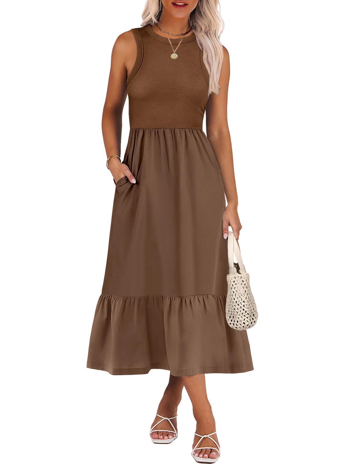 ANRABESS Womens Summer Dresses Casual Beach Tank Midi Sundress with Pockets