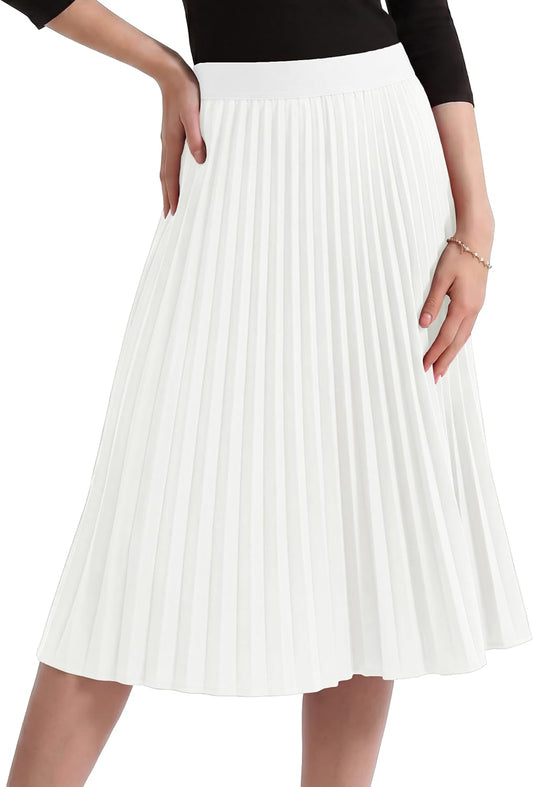 CZYINXIAN Pleated Midi Skirts for Women Elastic High Waist A-Line Skirt