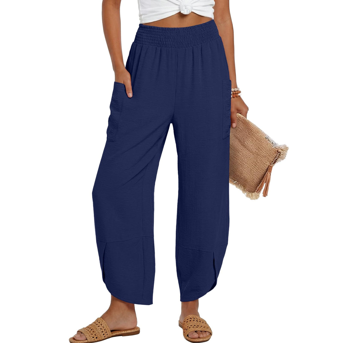 Lepunuo Womens Wide Leg Pants Palazzo High Waisted Smocked Trousers Summer Beach Casual Travel Pants 2026 with Pockets