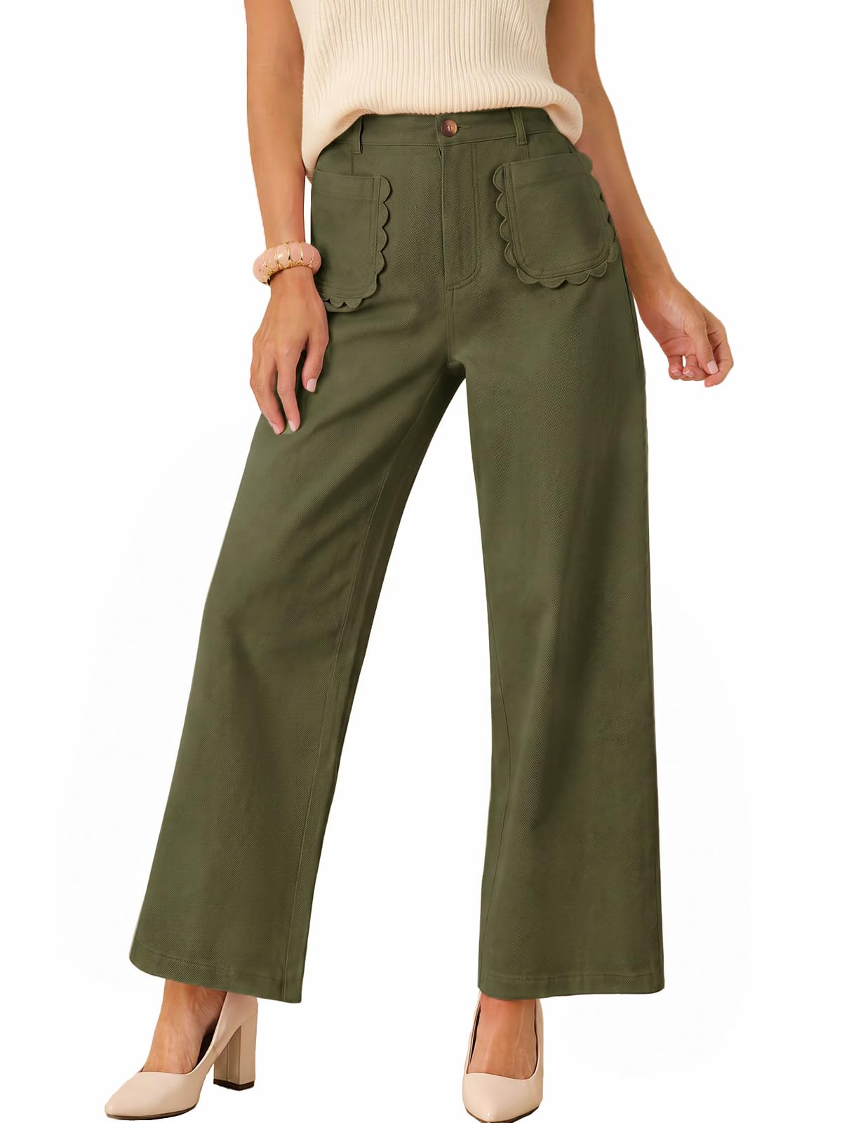Tankaneo Womens Wide Leg Cotton Pants High Waisted Dressy Casual Trousers