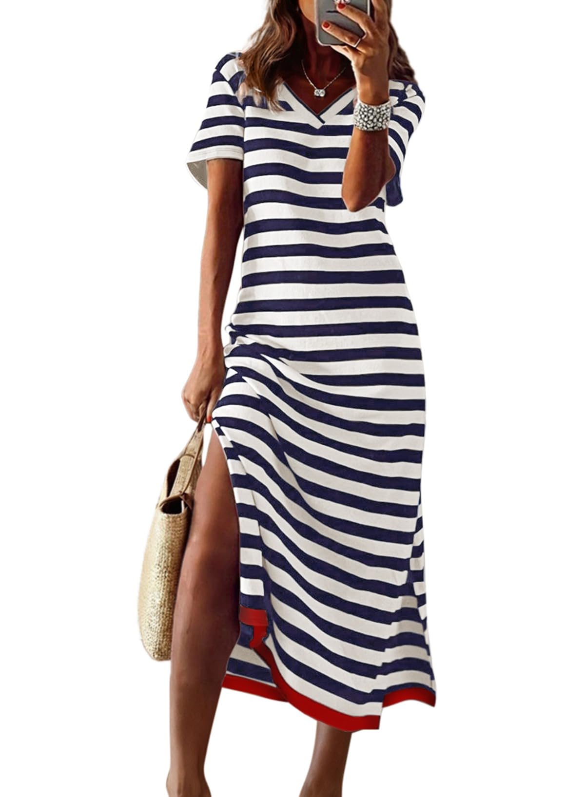 Dokotoo Womens 2026 Short Sleeve Maxi Dress Striped Split T Shirt Dress