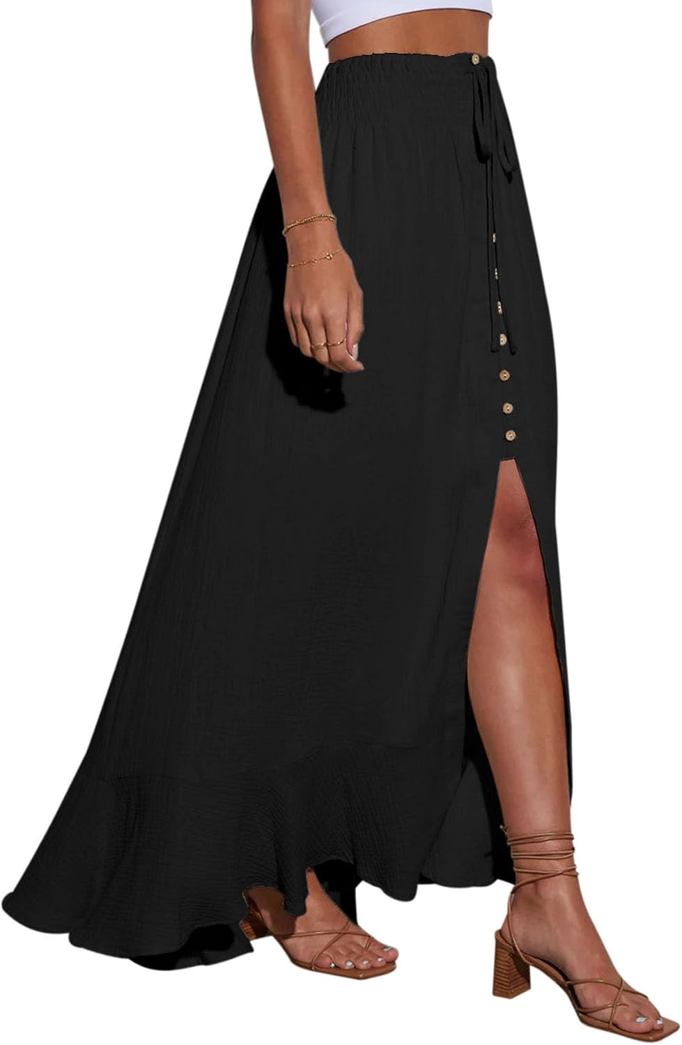 Minclouse Women's Elastic Tie Waist Button Down Maxi Skirts Casual Loose Flowy Swing Slit Front Dress