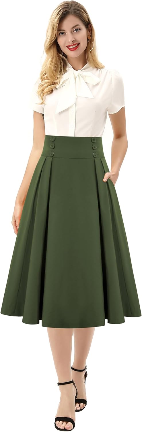 Belle Poque Women's Midi Pleated A-Line Skirts Pockets