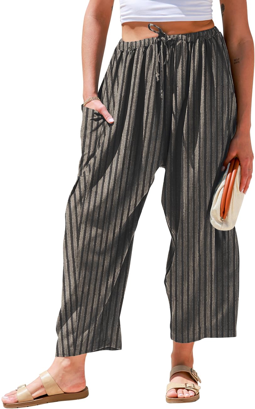 TARSE Womens Wide Leg Striped Linen Pants with Pocket