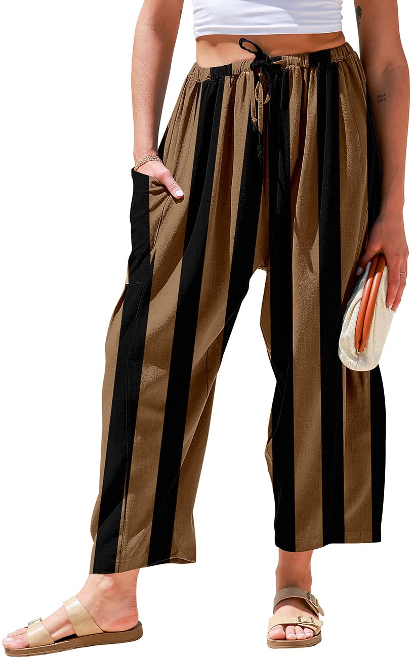 TARSE Womens Wide Leg Striped Linen Pants with Pocket
