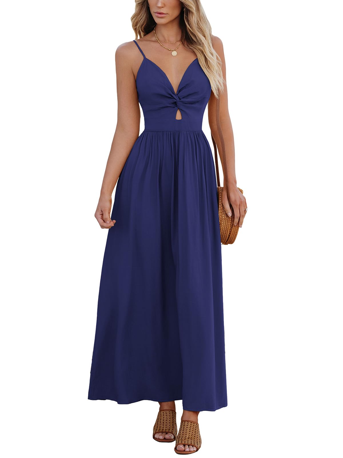 CUPSHE Women's V Neck Twisted Pleated Cutout Backless Formal Maxi Dress