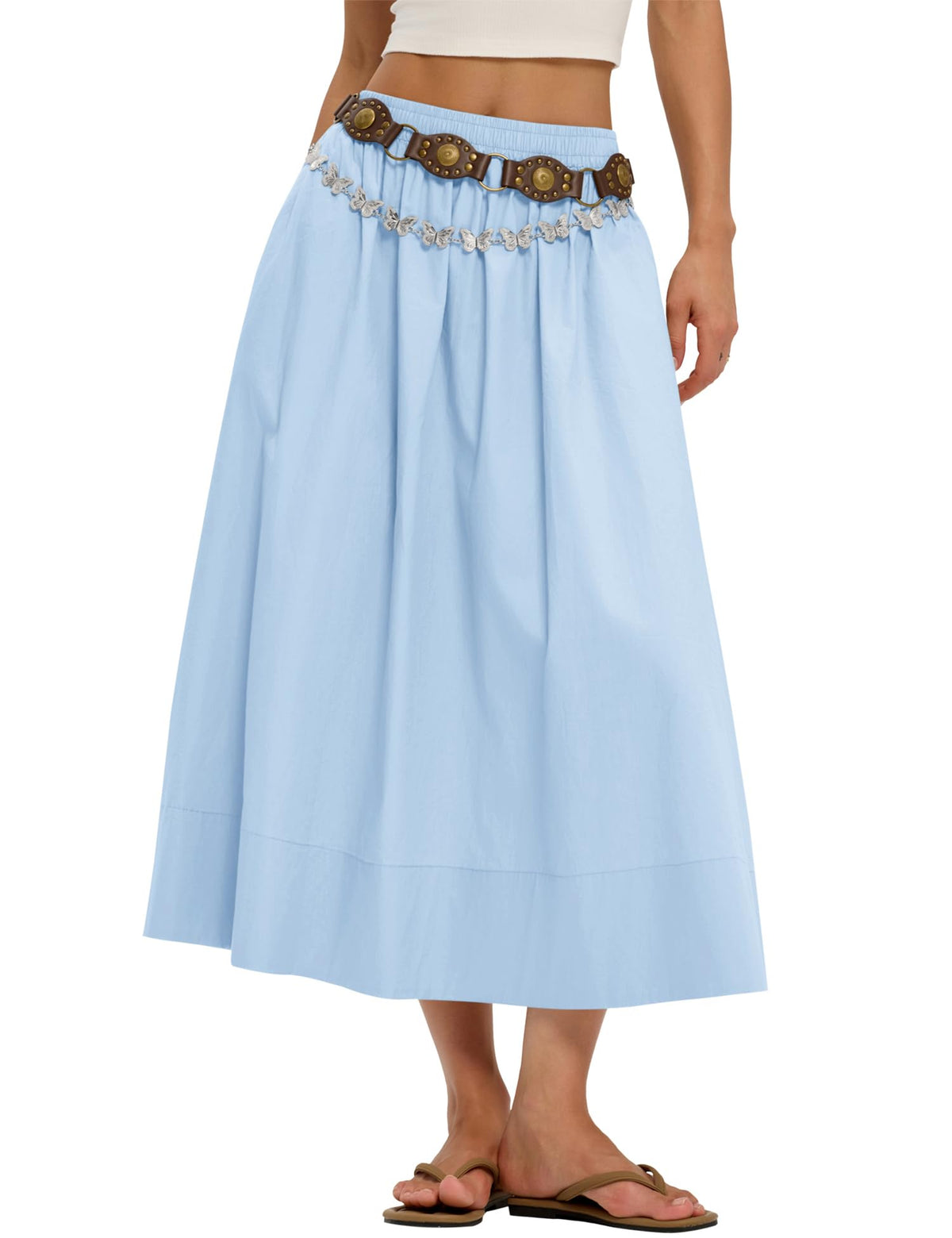 LOMON Midi Skirts for Women with Pockets A-Line Cotton Flowy Elastic Waist