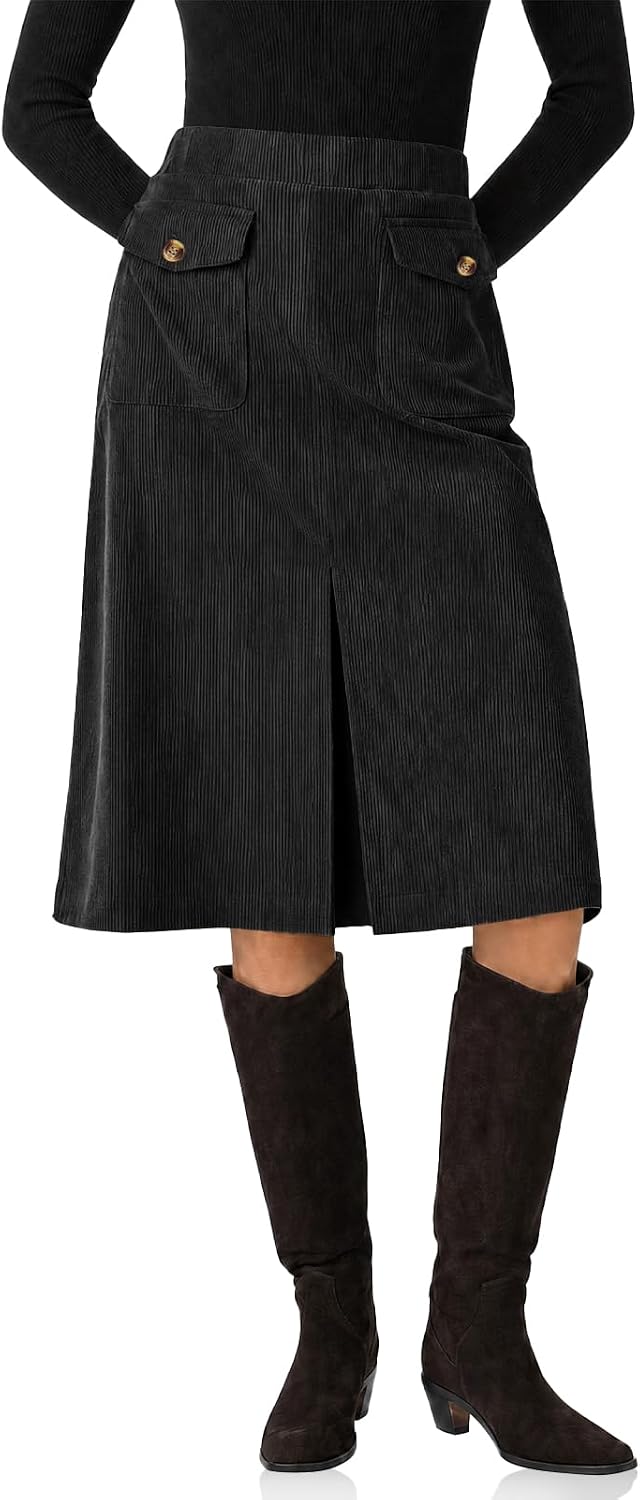 Cicy Bell Women Corduroy Midi Skirt Fall A-Line Front Slit Skirts