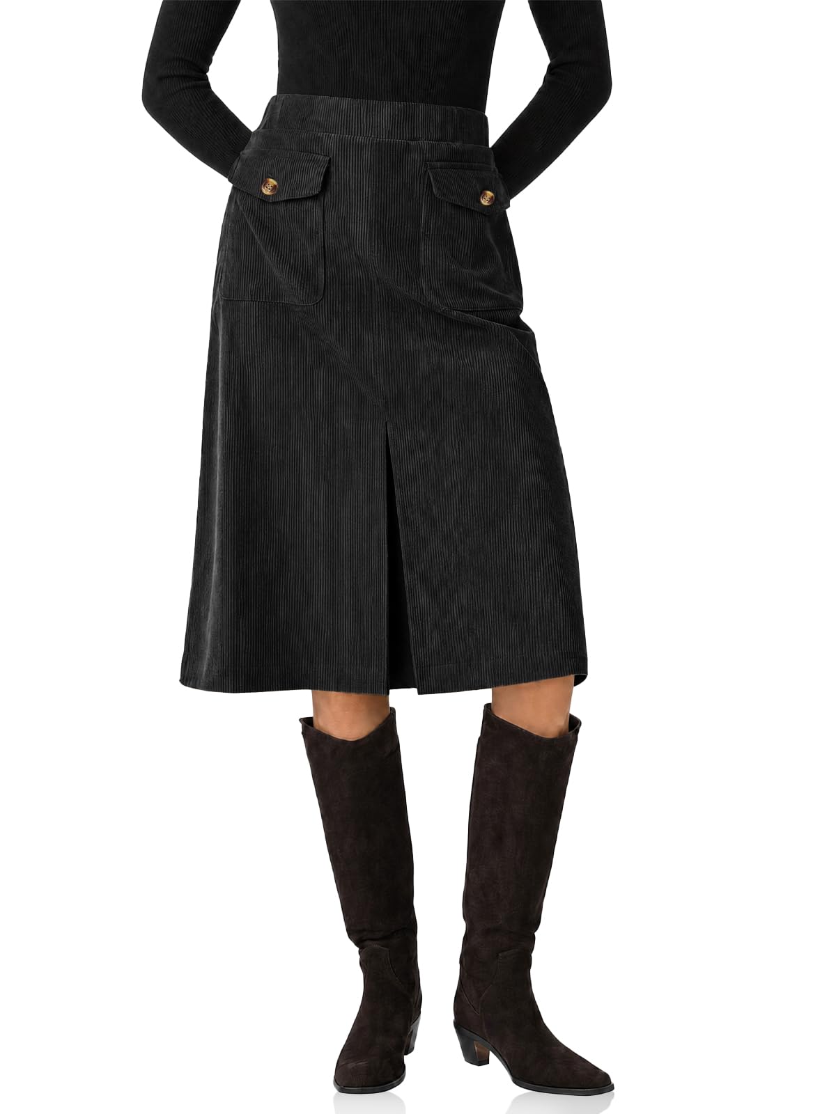 Cicy Bell Women Corduroy Midi Skirt Fall A-Line Front Slit Skirts