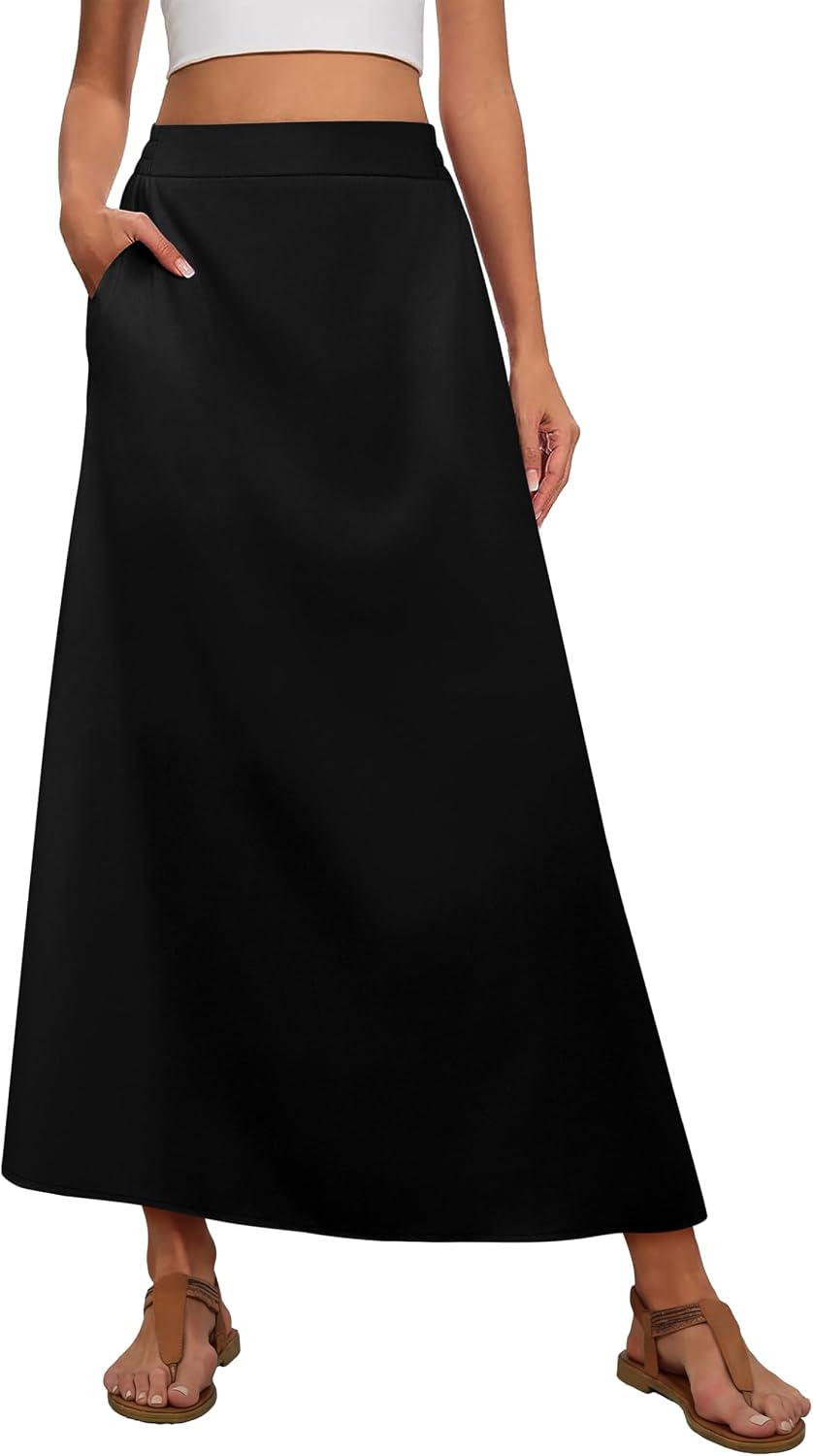 OFEEFAN Womens Maxi Long Skirts with Pockets Stretchy Spring Summer Boho Casual Flowy Trendy