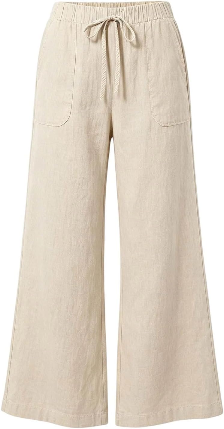 High Waisted Linen Pants Women Elastic Waist Wide Leg Flowy Lounge Pants Drawstring Palazzo Pant with Pockets