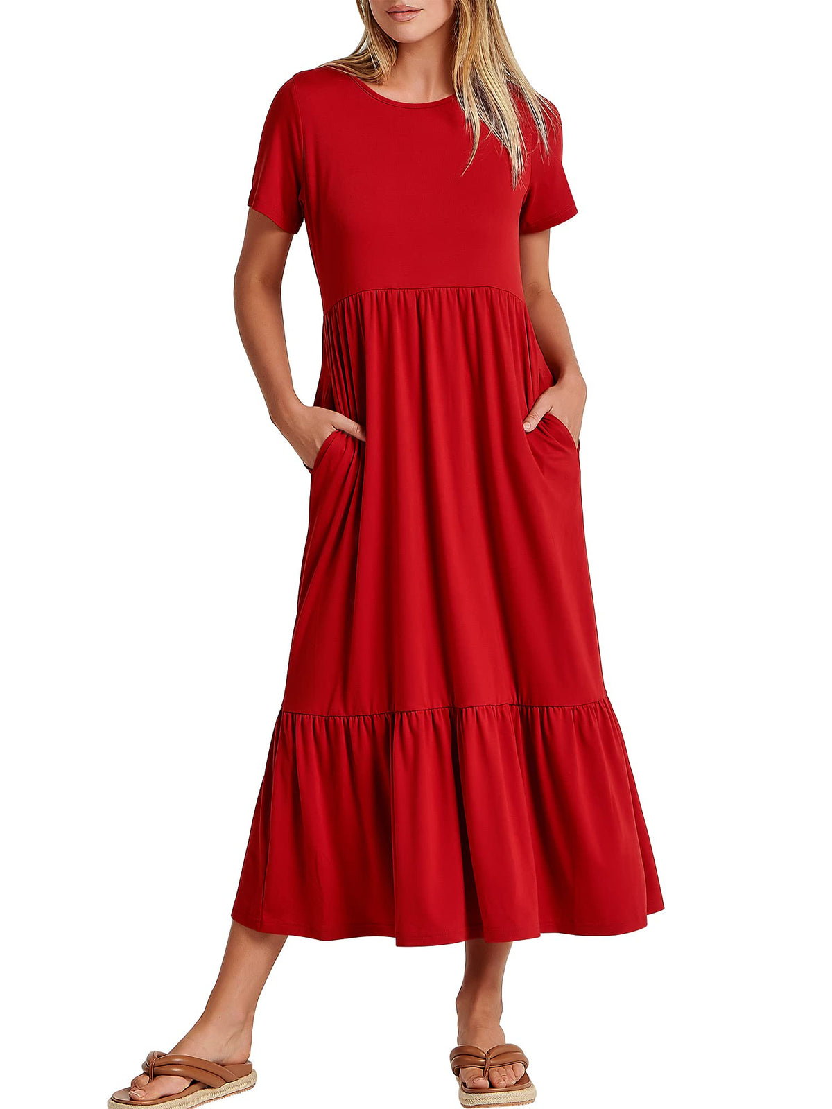 ANRABESS Womens 2026 Summer Casual Maxi Dress A line Tiered Flowy Short Sleeve Crewneck T Shirt Beach Travel Long Dresses