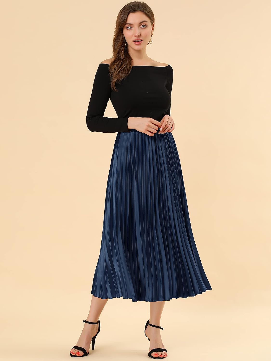 Allegra K Women Pleated Midi Skirt High Waisted Metallic Party Skirts