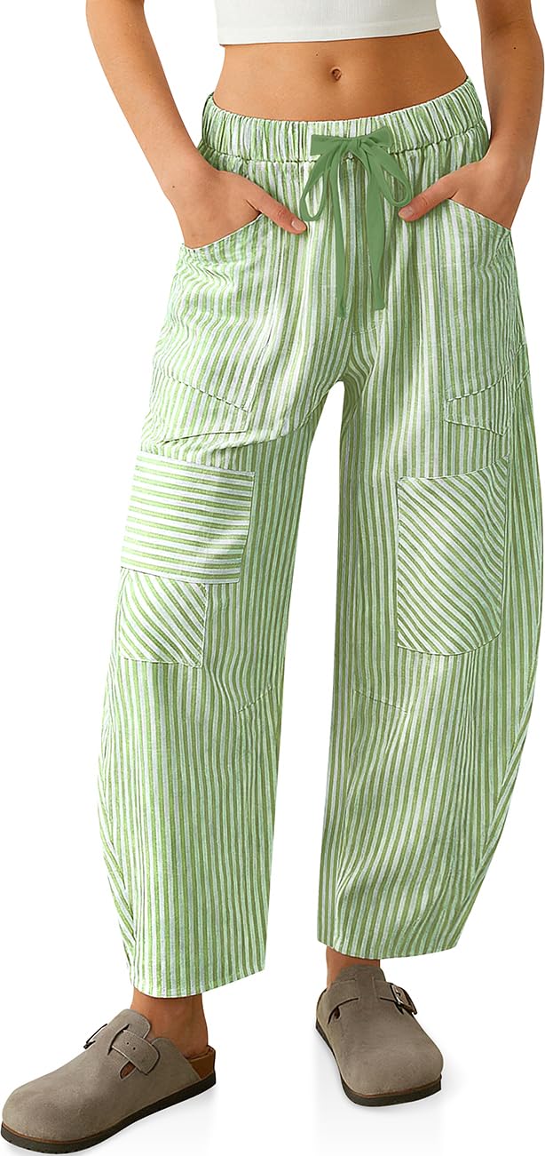 TARSE Womens Striped Linen Barrel Pants with Pockets Y2k Patchwork
