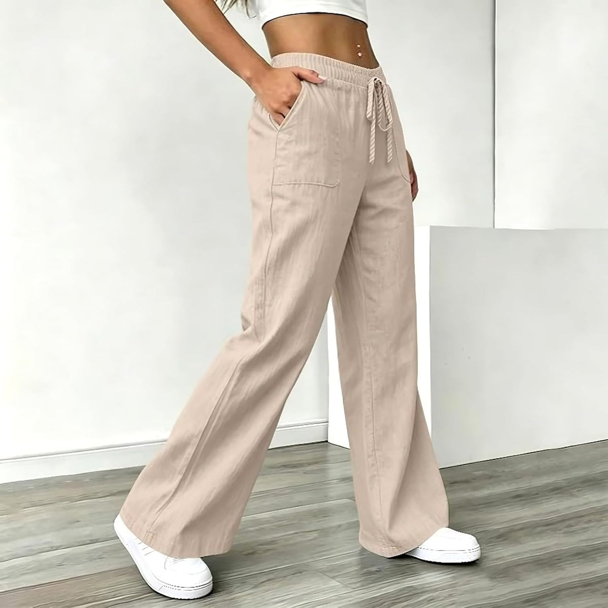 Linen Wide Leg High Waisted Pants for Women Casual Straight Leg Pants