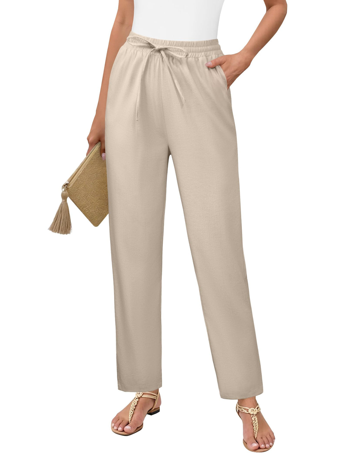 DLOODA Womens Linen Pants High Waisted Drawstring Casual Ankle Trousers