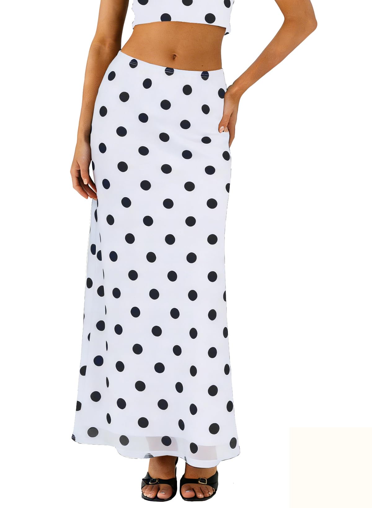 BLENCOT Womens High Waisted Long Mesh Polka Dot Maxi Skirt