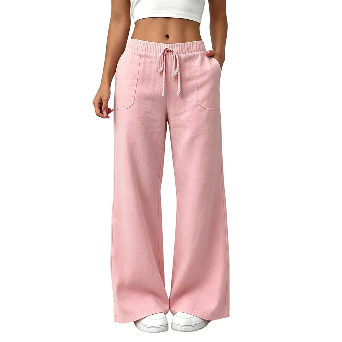 YRAETENM Wide Leg Linen Pants for Women Drawstring High Waisted Trousers