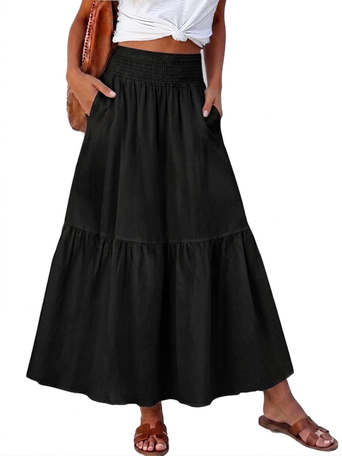 Women's Boho Maxi Skirt Floral Smocked High Waist Long Skirts with Pockets