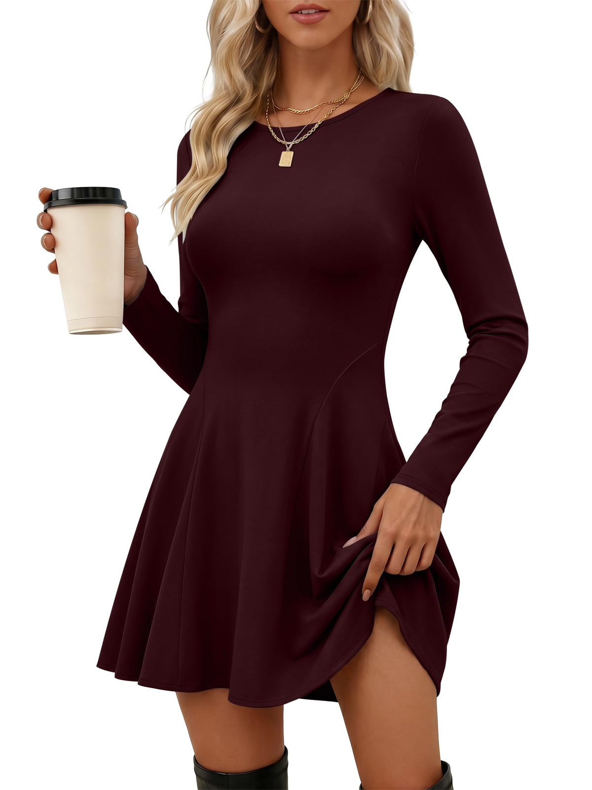 ANRABESS Womens Fall Long Sleeve Bodycon Flowy Mini Dress