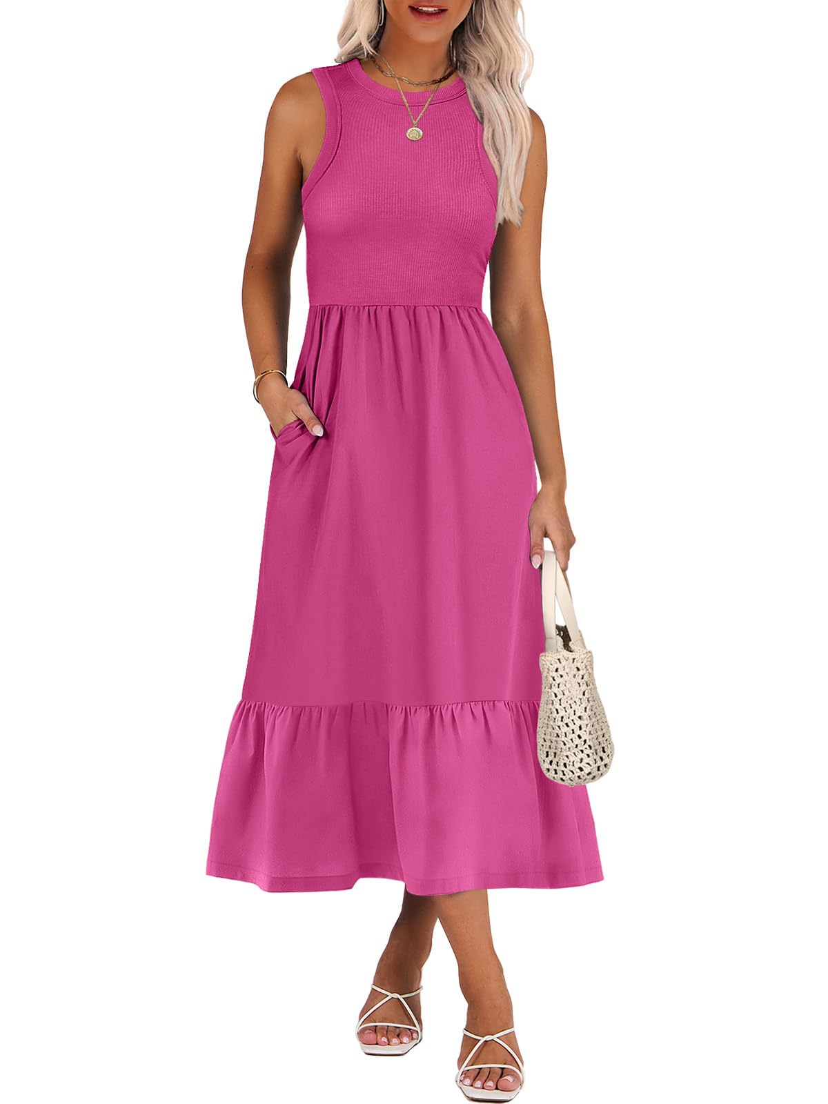 ANRABESS Womens Summer Dresses Casual Beach Tank Midi Sundress with Pockets