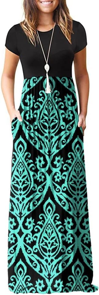 DEARCASE Maxi Dress for Women Short Sleeve Casual Summer Loose Plain Comfy Long Dresses with Pockets