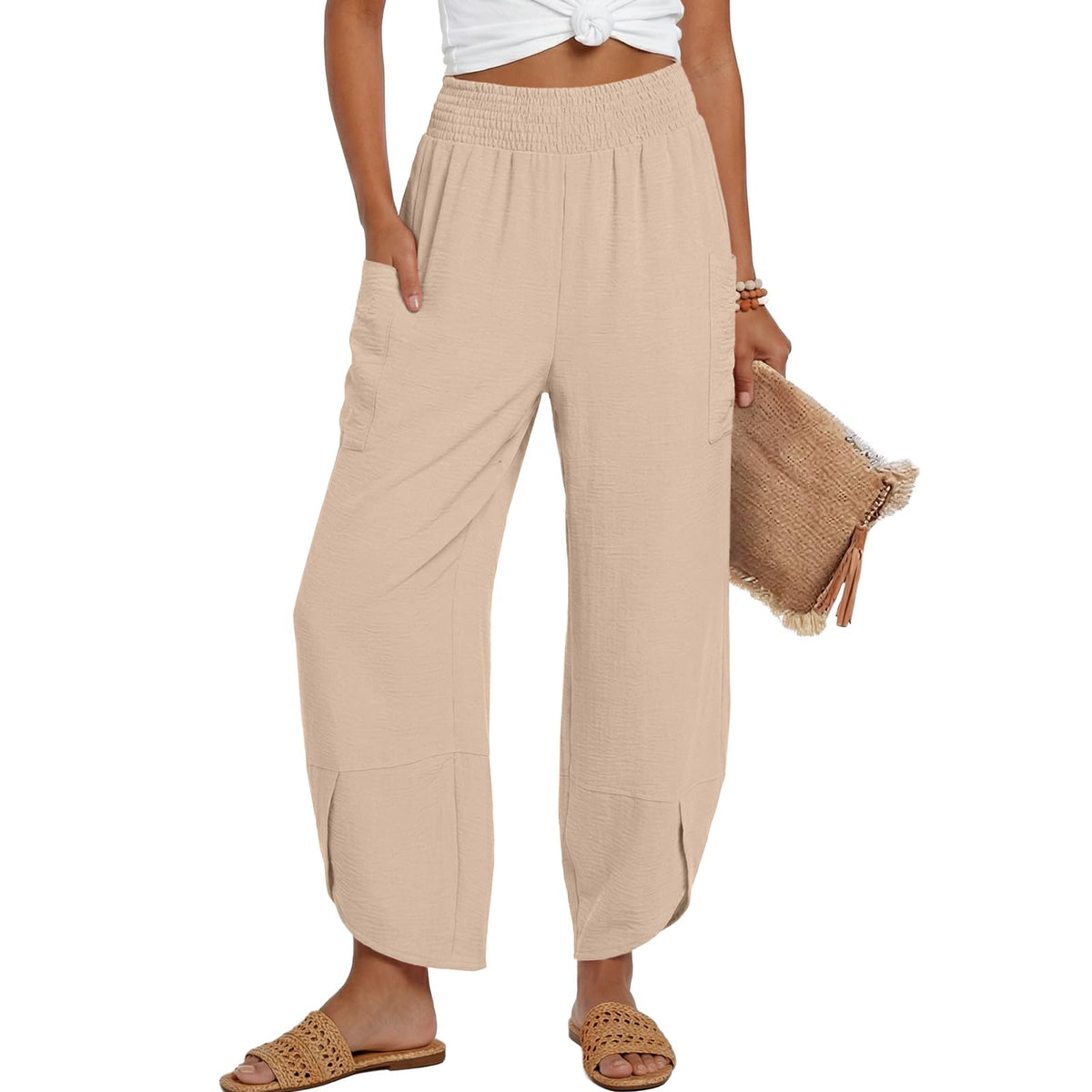 Lepunuo Womens Wide Leg Pants Palazzo High Waisted Smocked Trousers Summer Beach Casual Travel Pants 2026 with Pockets