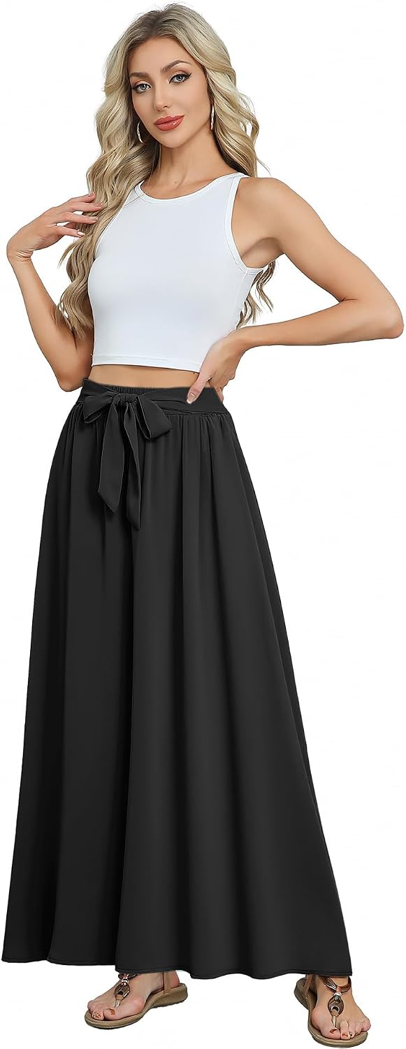 Askyes Womens Maxi Skirt Summer Trendy Tie Knot Elastic High Waisted Boho Casual Beach Flowy Swing Long Skirts with Pockets
