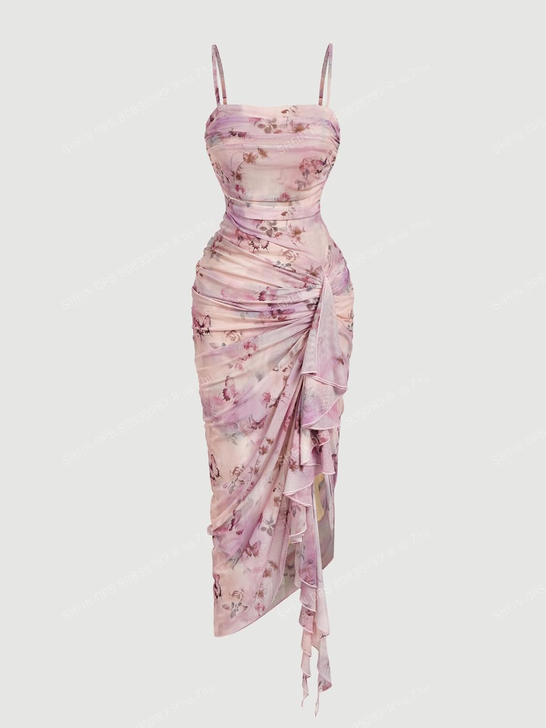 SOLY HUX Women's Floral Mesh Ruffle Hem Bodycon Midi Dress