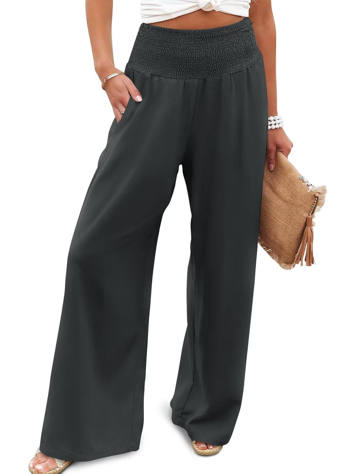 JZC Womens Wide Leg Pants Elastic High Waisted Palazzo Pants Summer Flowy Casual Trousers Beach Travel Vacation Outfits