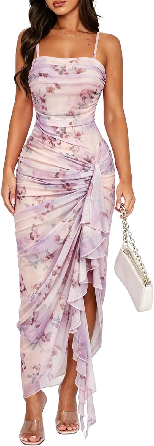 SOLY HUX Women's Floral Mesh Ruffle Hem Bodycon Midi Dress
