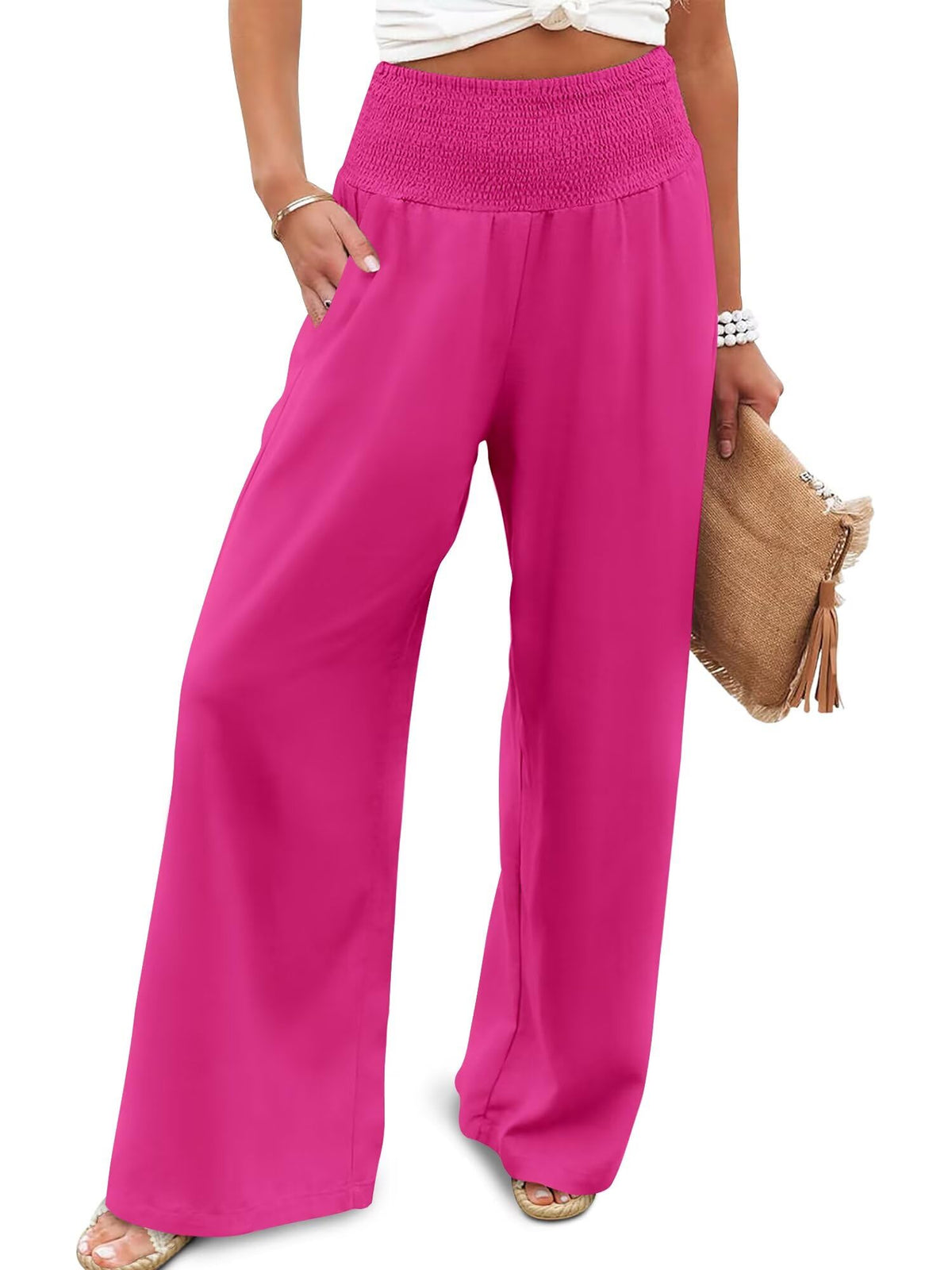 JZC Womens Wide Leg Pants Elastic High Waisted Palazzo Pants Summer Flowy Casual Trousers Beach Travel Vacation Outfits