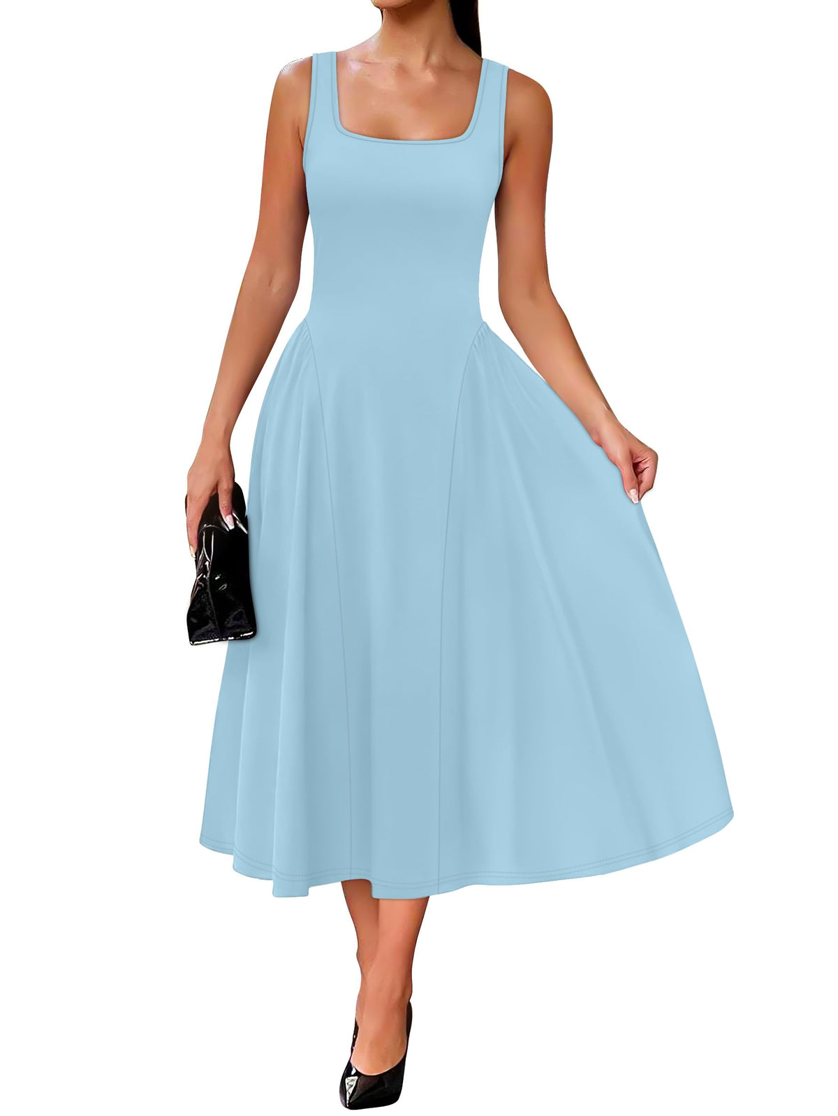 OFEEFAN Summer Dresses for Women Square Neck Corset A Line Maxi Dress Ruffle Ruched Waist Flowy Outfits